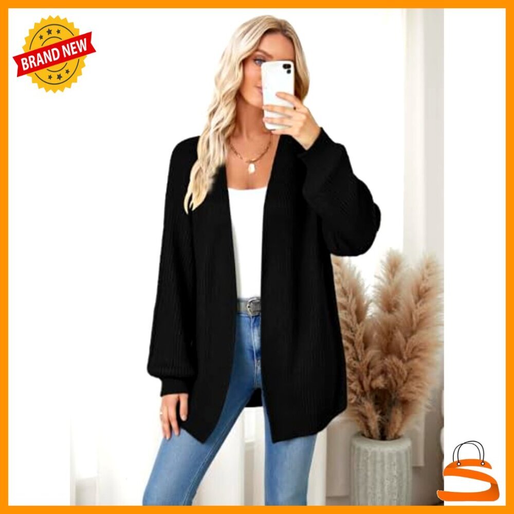 Oversized Long Cardigan Chunky Waffle Knit Open Front Bell Sleeves - Picture 4 of 6